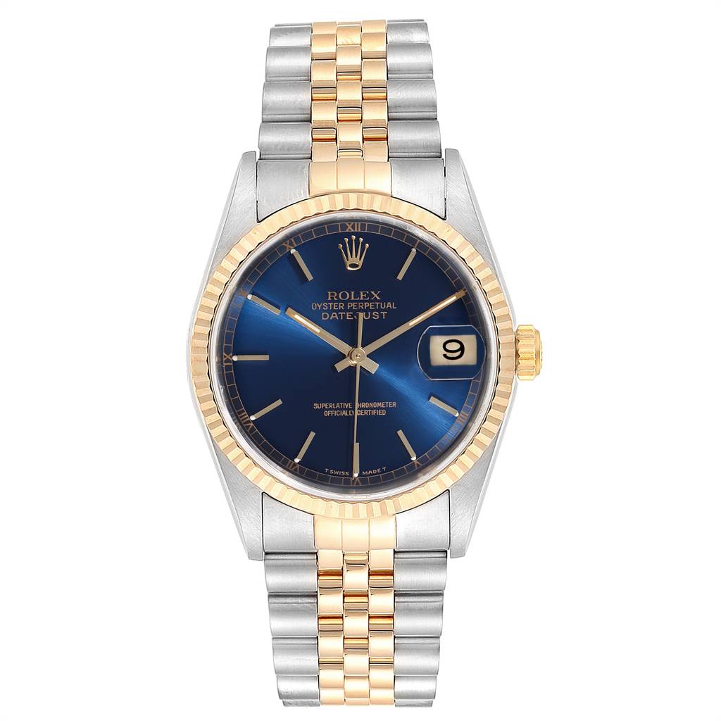 The image shows a Rolex Datejust 16233 Men's Steel and Gold (two tone) Blue Dial 16233 Men's Steel and Gold (two tone) Blue Dial watch in a frontal view, highlighting its blue dial, gold accents, and two-tone metal bracelet.