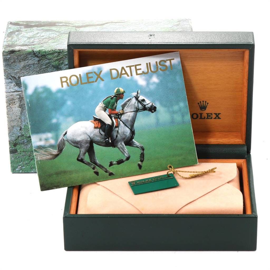 The image shows the packaging of a Rolex Datejust 16203 Men's Steel and Gold (two tone) Grey Dial 16203 Men's Steel and Gold (two tone) Grey Dial, including the box, booklet, and tag.