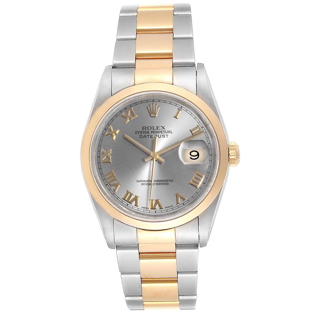 The image shows a frontal view of a Rolex Datejust 16203 Men's Steel and Gold (two tone) Grey Dial 16203 Men's Steel and Gold (two tone) Grey Dial watch, highlighting the face, dial, bracelet, and date window.