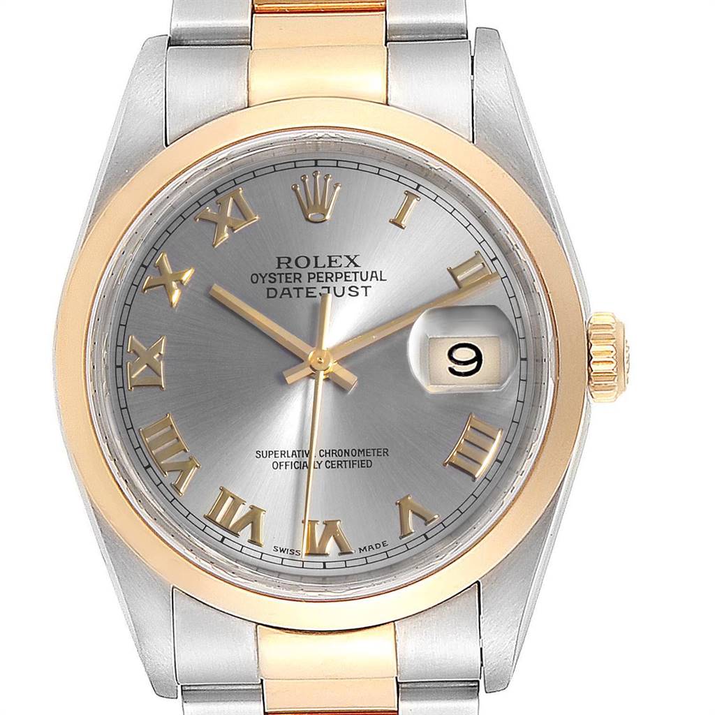 The image shows the front view of a Rolex Datejust 16203 Men's Steel and Gold (two tone) Grey Dial 16203 Men's Steel and Gold (two tone) Grey Dial watch with a silver and gold dial and Roman numeral hour markers.