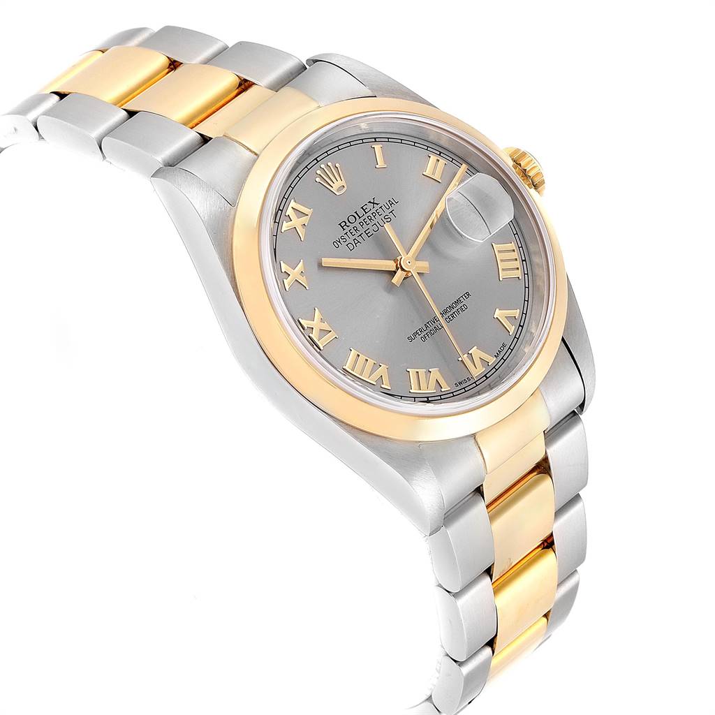 This image shows a Rolex Datejust 16203 Men's Steel and Gold (two tone) Grey Dial 16203 Men's Steel and Gold (two tone) Grey Dial watch from a slight angle, highlighting the face, bezel, crown, and part of the bracelet.