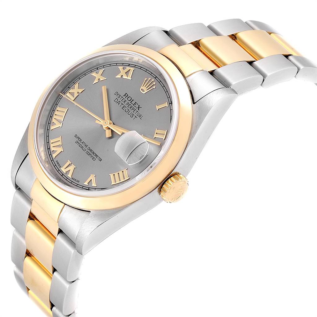 The image shows a Rolex Datejust 16203 Men's Steel and Gold (two tone) Grey Dial 16203 Men's Steel and Gold (two tone) Grey Dial watch at an angle displaying its face, bezel, crown, and partial bracelet.