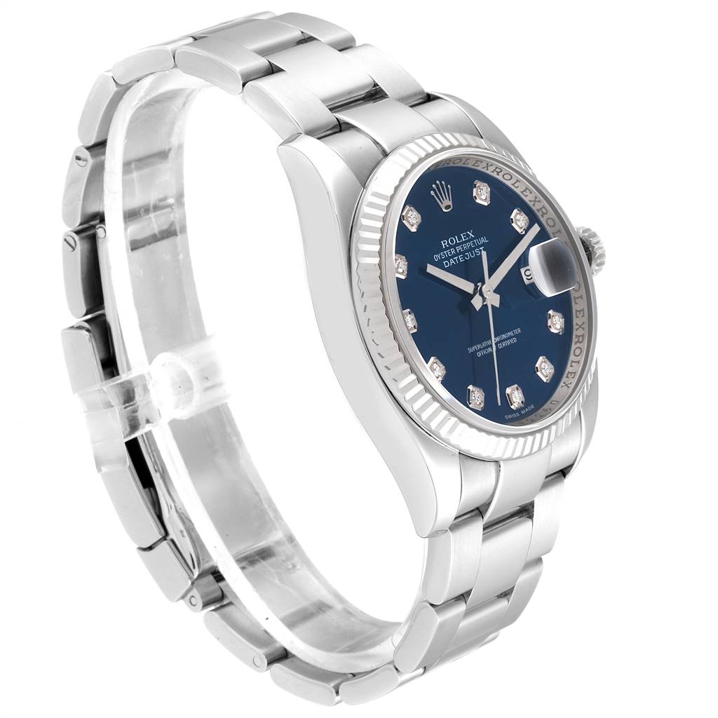 This image shows a Rolex Datejust 116234 Men's Stainless Steel Blue Dial 116234 Men's Stainless Steel Blue Dial watch from a left side angle, displaying the bracelet, dial, and case.