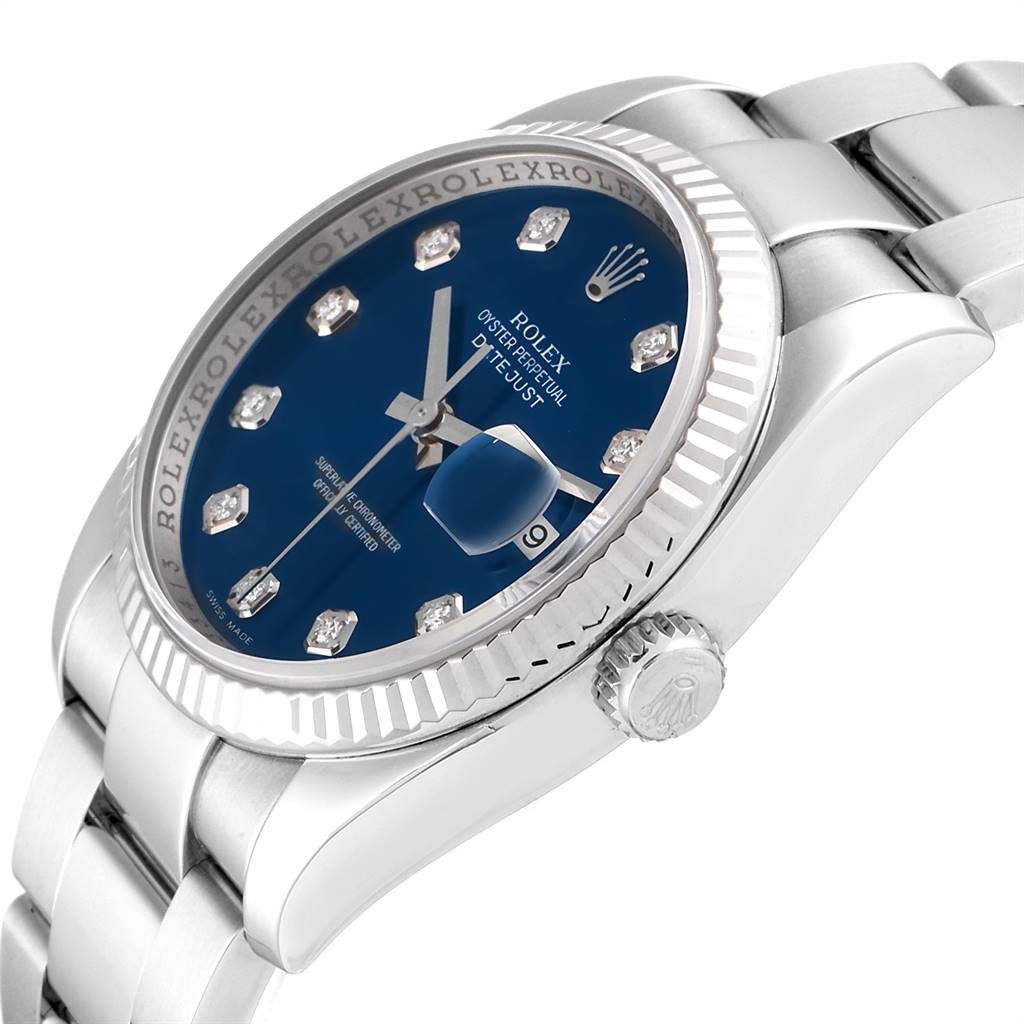 This image of a Rolex Datejust 116234 Men's Stainless Steel Blue Dial 116234 Men's Stainless Steel Blue Dial watch shows a side angle, highlighting the dial, bracelet, crown, and fluted bezel.