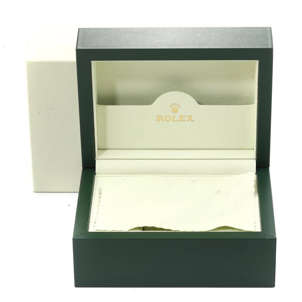 The image shows an open empty Rolex Datejust 116234 Men's Stainless Steel Blue Dial 116234 Men's Stainless Steel Blue Dial box viewed from the front, featuring the Rolex logo inside.