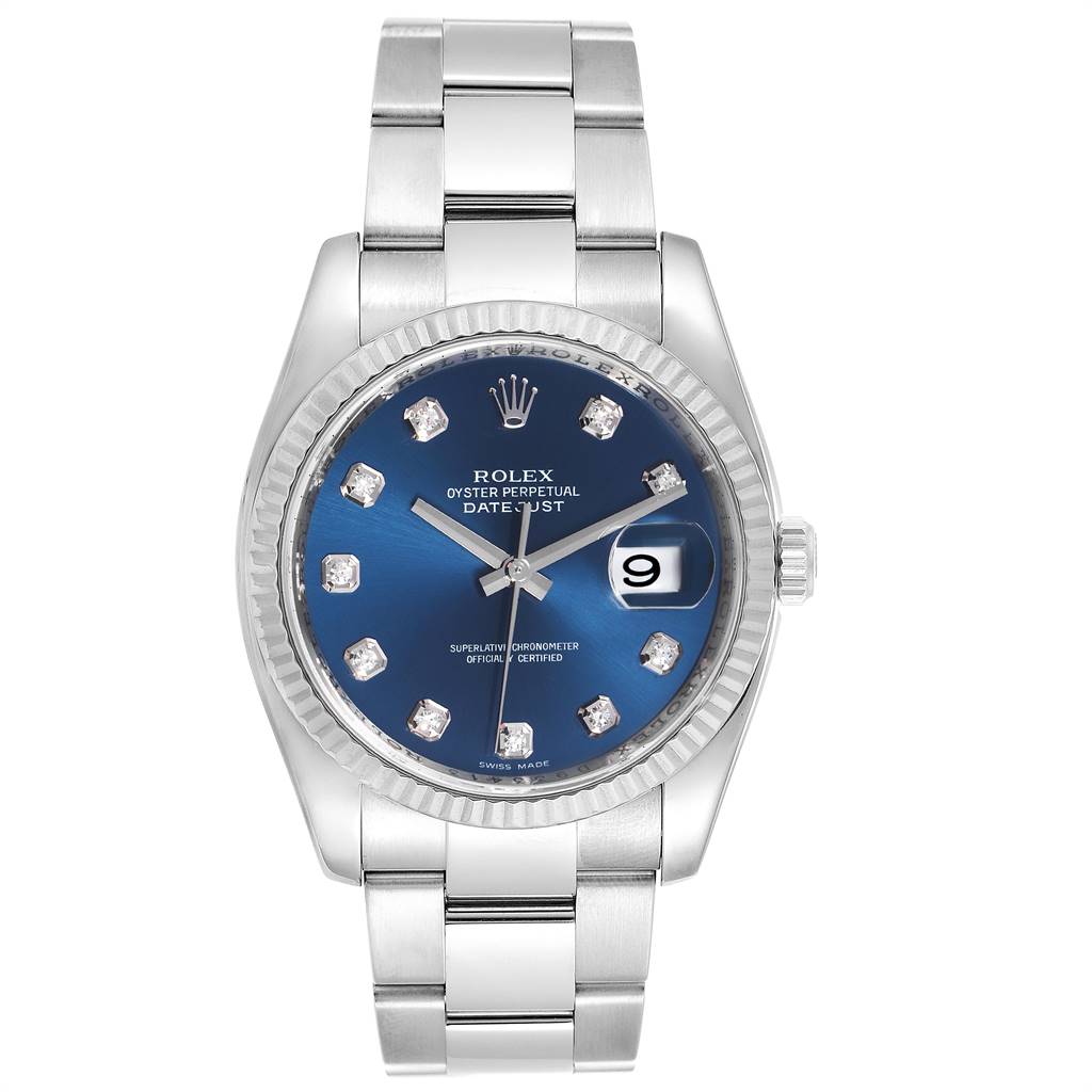 The Rolex Datejust 116234 Men's Stainless Steel Blue Dial 116234 Men's Stainless Steel Blue Dial watch is shown from a front angle, displaying its face, bezel, and bracelet.