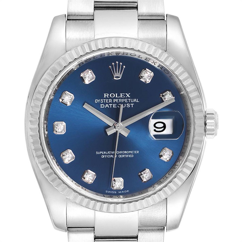 Rolex Datejust Steel White Gold Blue Diamond Dial Mens Watch 116234 SwissWatchExpo
