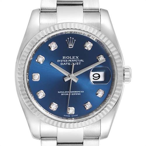 The image shows a front view of a Rolex Datejust watch, highlighting its blue dial, diamond hour markers, and date window.