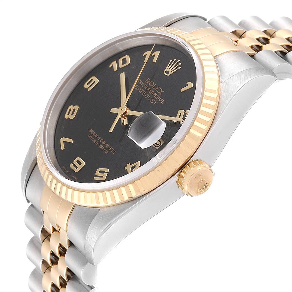 The Rolex Datejust 16233 Men's Steel and Gold (two tone) Grey Dial 16233 Men's Steel and Gold (two tone) Grey Dial watch is shown at an angled side view highlighting its bezel, crown, dial, and part of the bracelet.