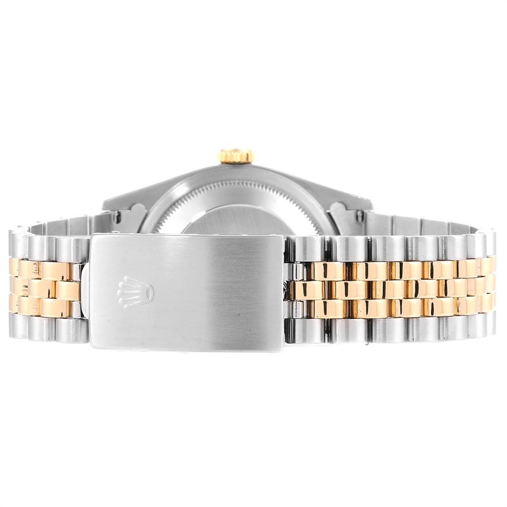 This image shows the back of the Rolex Datejust 16233 Men's Steel and Gold (two tone) Grey Dial 16233 Men's Steel and Gold (two tone) Grey Dial watch, focusing on its two-tone bracelet and clasp.