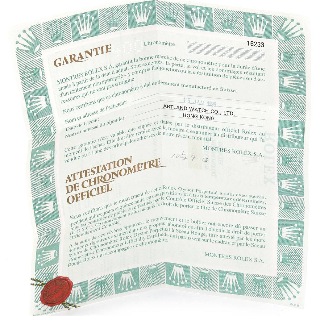 This image shows a certification document for the Rolex Datejust 16233 Men's Steel and Gold (two tone) Grey Dial 16233 Men's Steel and Gold (two tone) Grey Dial model, including warranty and official chronometer attestation.