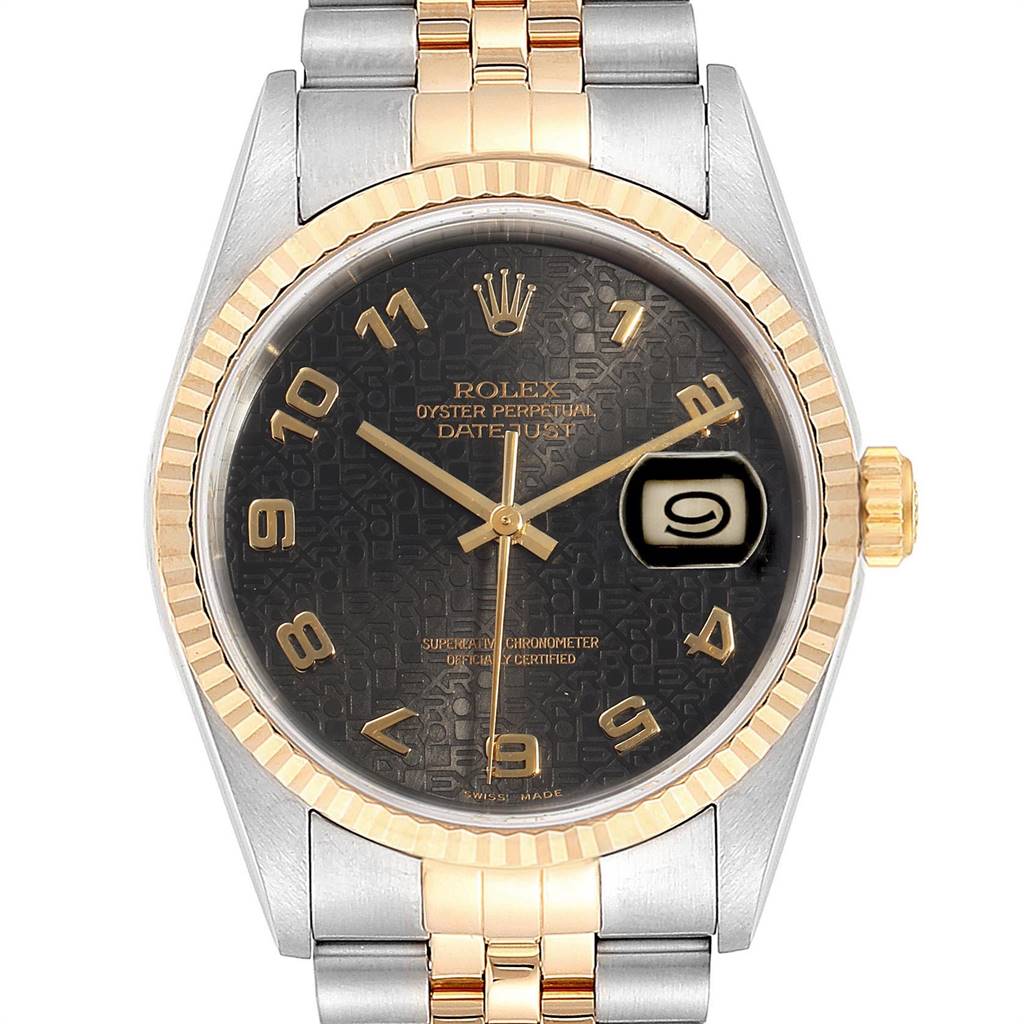 This image shows the front view of a Rolex Datejust 16233 Men's Steel and Gold (two tone) Grey Dial 16233 Men's Steel and Gold (two tone) Grey Dial watch, highlighting the gold bezel, black dial, date window, and two-tone bracelet.