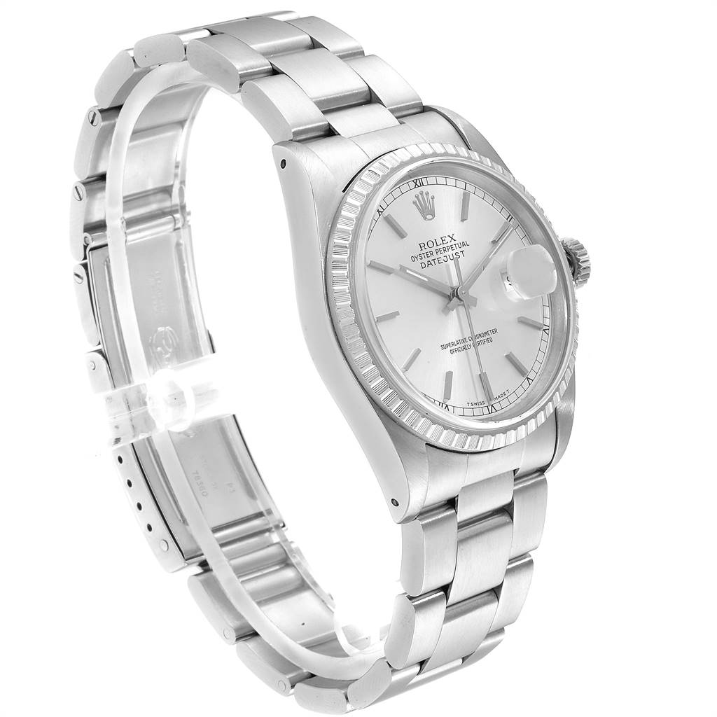 This image shows a Rolex Datejust 16220 Men's Stainless Steel Silver Dial 16220 Men's Stainless Steel Silver Dial watch from a front-side angle, highlighting the dial, bezel, and bracelet.