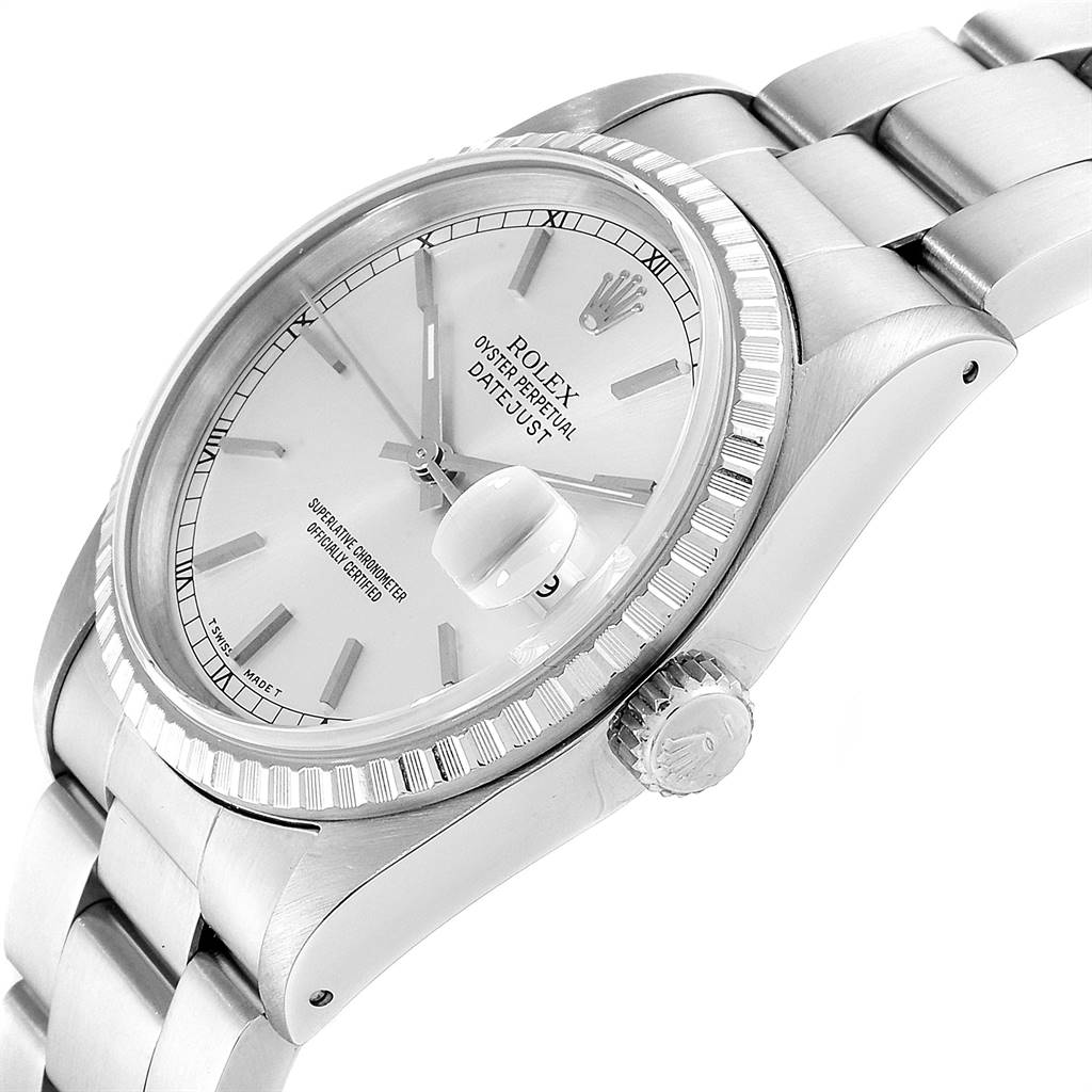 The image shows a side angle of a Rolex Datejust 16220 Men's Stainless Steel Silver Dial 16220 Men's Stainless Steel Silver Dial watch, highlighting the case, bracelet, bezel, and dial.