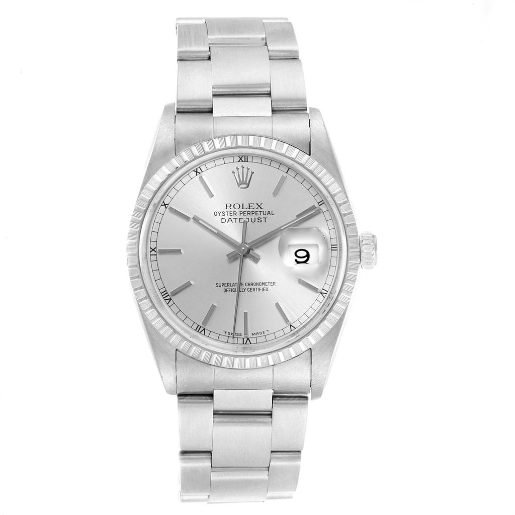 The image shows a front view of a Rolex Datejust 16220 Men's Stainless Steel Silver Dial 16220 Men's Stainless Steel Silver Dial watch, displaying its face, bezel, and metal bracelet.