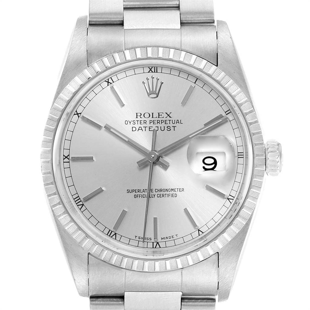 The image shows a front view of the Rolex Datejust 16220 Men's Stainless Steel Silver Dial 16220 Men's Stainless Steel Silver Dial watch, featuring its dial, bezel, and part of the bracelet.