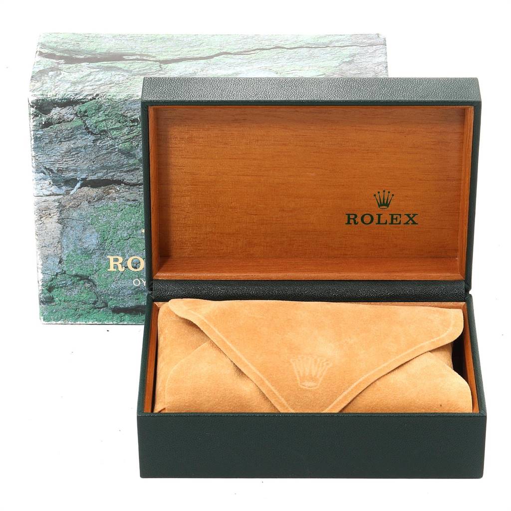 A Rolex Datejust 16220 Men's Stainless Steel Silver Dial 16220 Men's Stainless Steel Silver Dial watch box is shown open with an enclosed pouch inside.