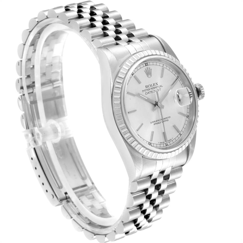 The image displays a side angle of a Rolex Datejust 16220 Men's Stainless Steel Silver Dial 16220 Men's Stainless Steel Silver Dial showing the bracelet, case, bezel, and dial.
