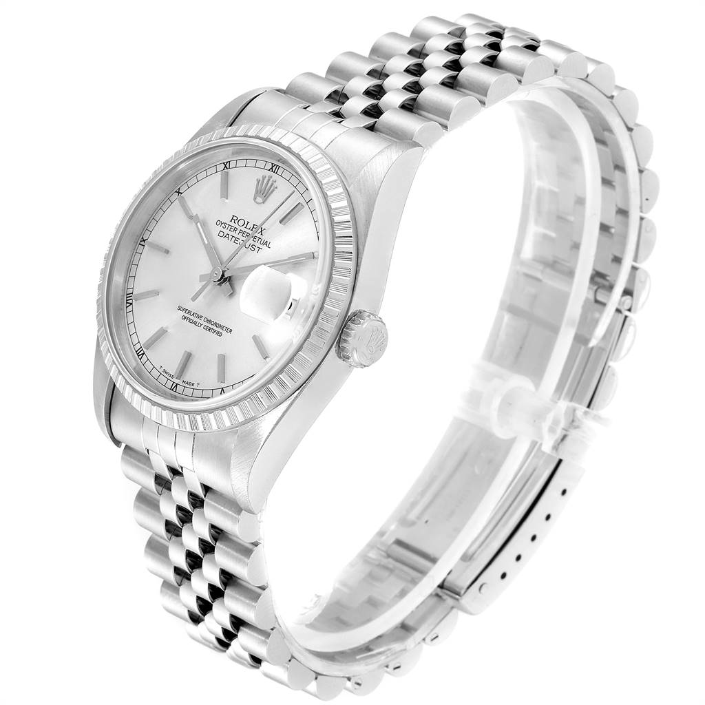 The Rolex Datejust 16220 Men's Stainless Steel Silver Dial 16220 Men's Stainless Steel Silver Dial watch is shown at a side angle, highlighting the dial, bezel, crown, and Jubilee bracelet.