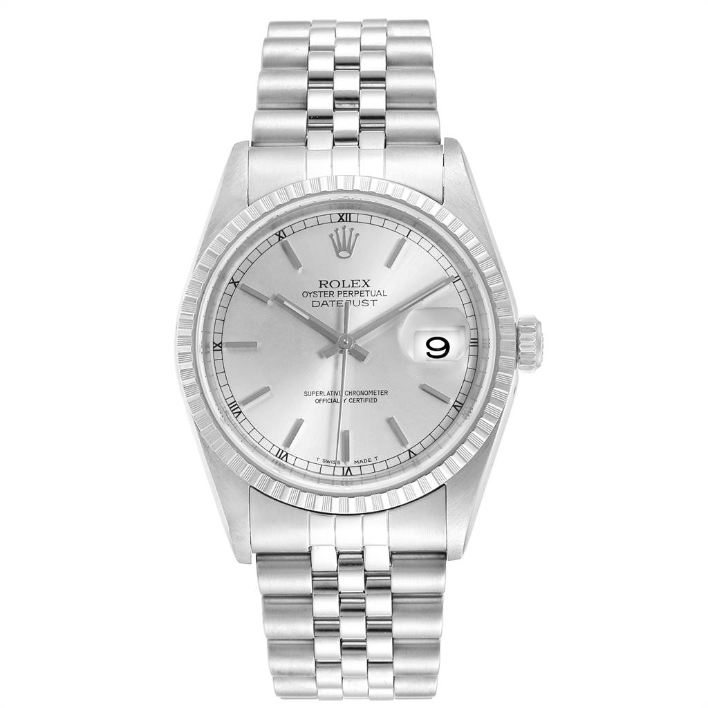 This image shows a front view of the Rolex Datejust 16220 Men's Stainless Steel Silver Dial 16220 Men's Stainless Steel Silver Dial watch, showcasing its face, bezel, and bracelet.