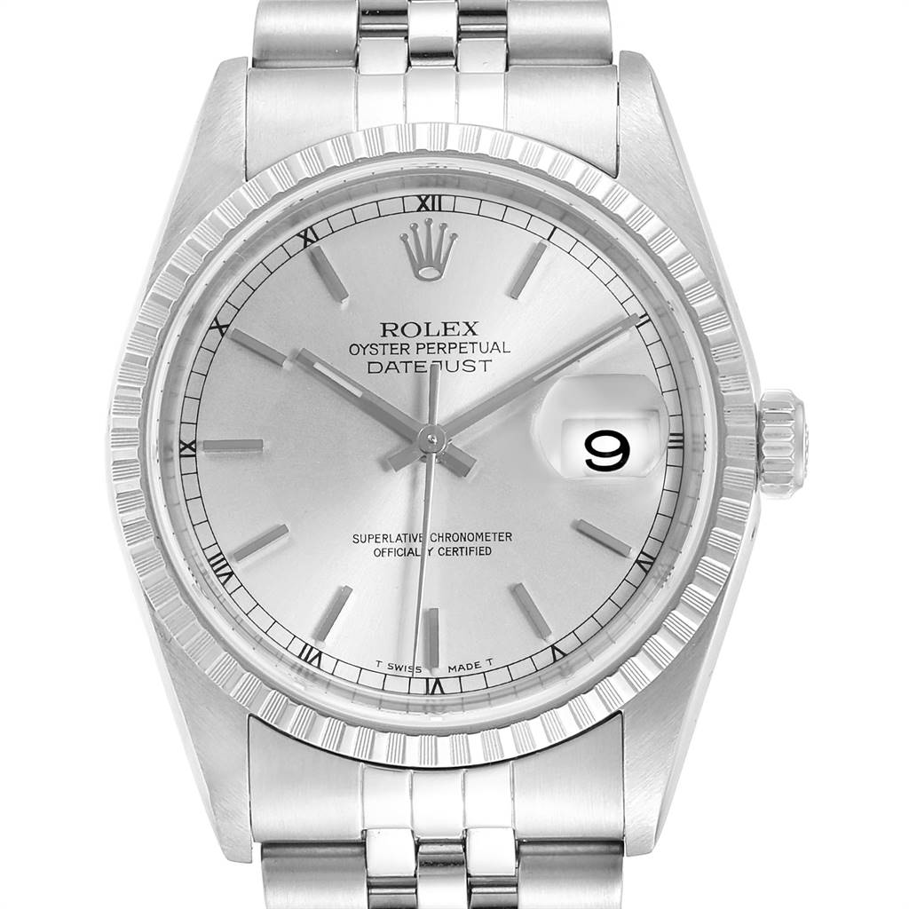 The image shows a frontal view of a Rolex Datejust 16220 Men's Stainless Steel Silver Dial 16220 Men's Stainless Steel Silver Dial watch, highlighting its dial, bezel, and bracelet links.