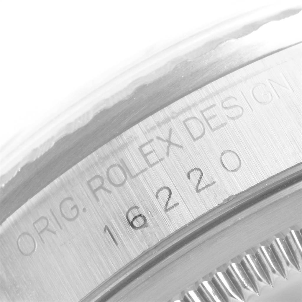 The image shows a close-up of the case side and bezel of a Rolex Datejust 16220 Men's Stainless Steel Silver Dial 16220 Men's Stainless Steel Silver Dial model, with the reference number 16220 engraved.