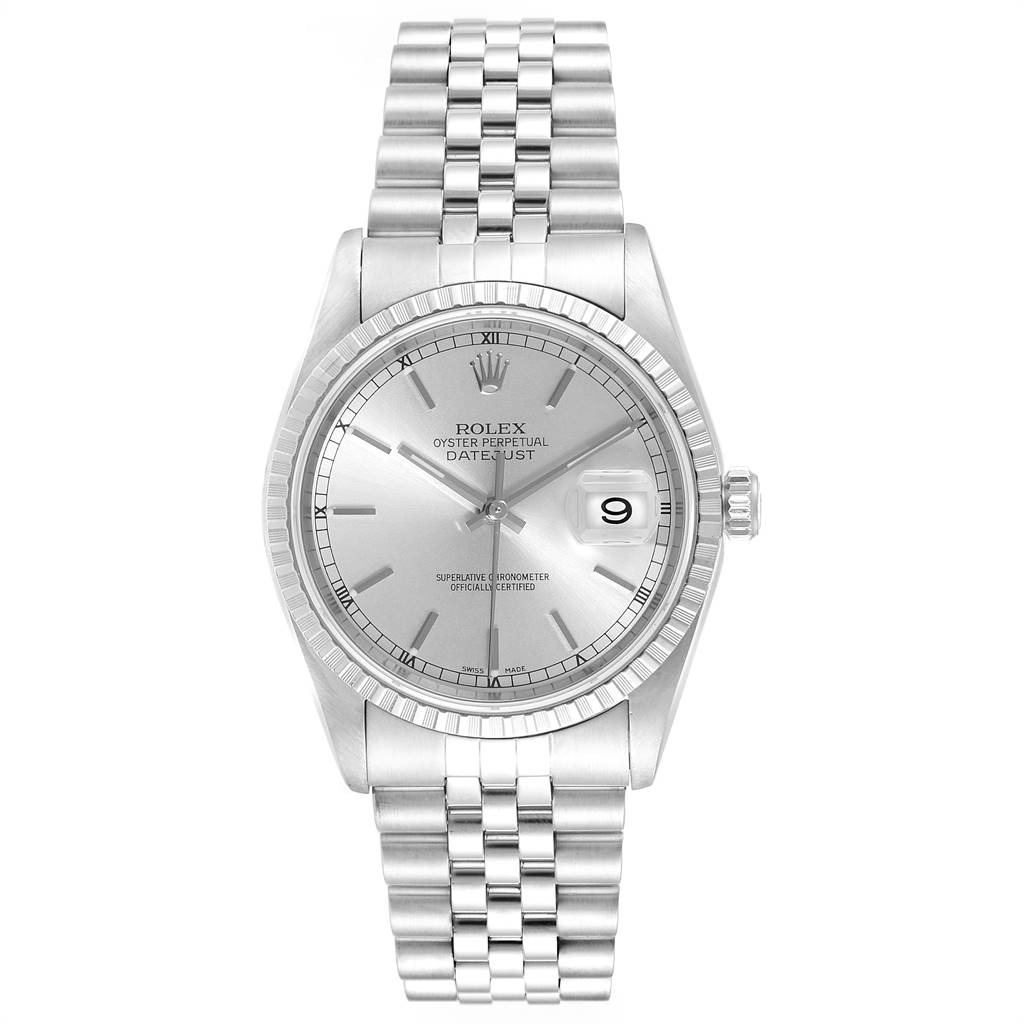 This image shows a front-facing view of a Rolex Datejust 16220 Men's Stainless Steel Silver Dial 16220 Men's Stainless Steel Silver Dial watch, displaying its dial, bezel, bracelet, and crown.