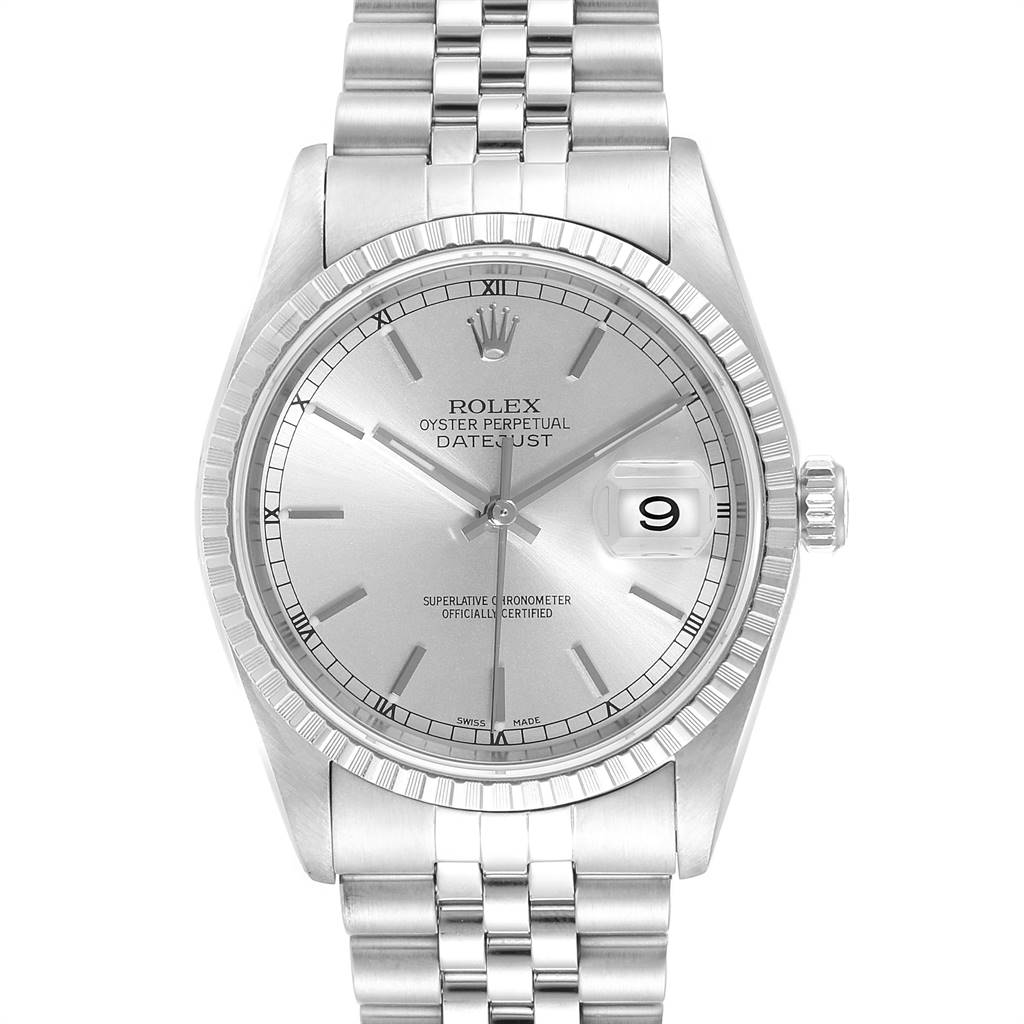 This image shows the front view of a Rolex Datejust 16220 Men's Stainless Steel Silver Dial 16220 Men's Stainless Steel Silver Dial watch, highlighting its dial, bezel, and bracelet.