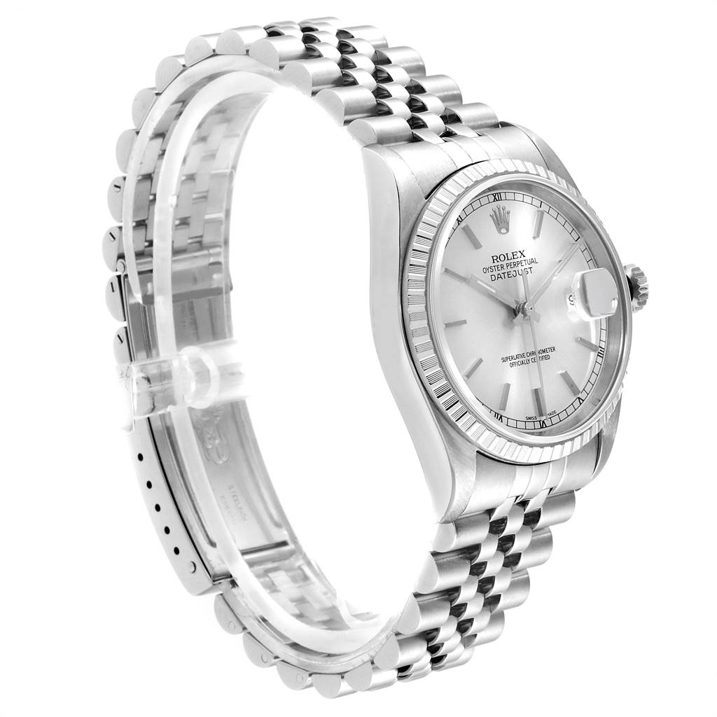 The image shows a side angle of a Rolex Datejust 16220 Men's Stainless Steel Silver Dial 16220 Men's Stainless Steel Silver Dial watch, capturing the face, bezel, crown, and bracelet.