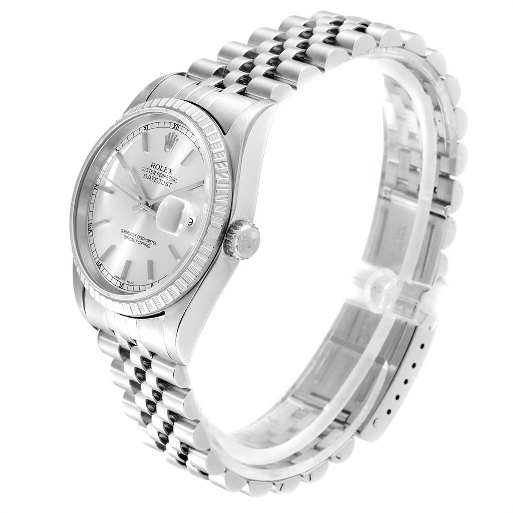 The Rolex Datejust 16220 Men's Stainless Steel Silver Dial 16220 Men's Stainless Steel Silver Dial watch is shown at a three-quarter angle, highlighting its face, crown, case, and Jubilee bracelet.