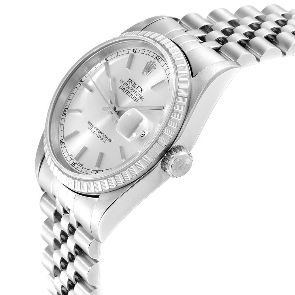 This image shows a side view of a Rolex Datejust 16220 Men's Stainless Steel Silver Dial 16220 Men's Stainless Steel Silver Dial watch, highlighting its crown, bezel, and bracelet.