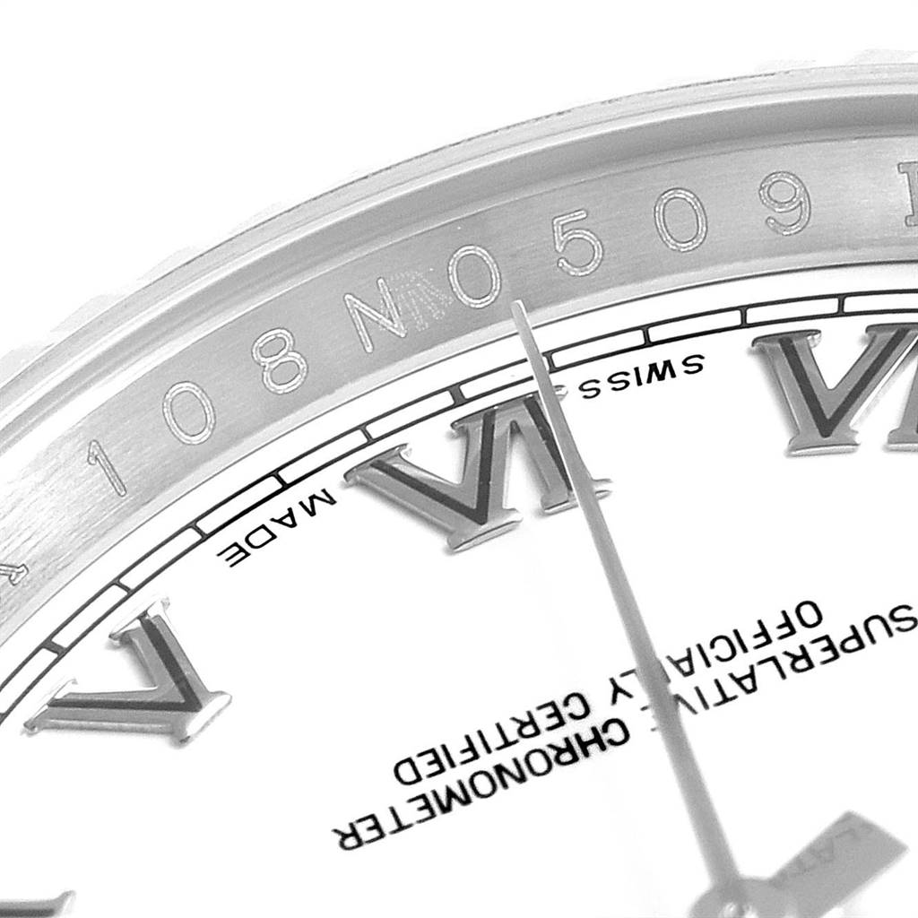 The image shows a close-up view of the dial and part of the bezel of a Rolex Datejust 116234 Men's Stainless Steel White Dial 116234 Men's Stainless Steel White Dial watch.