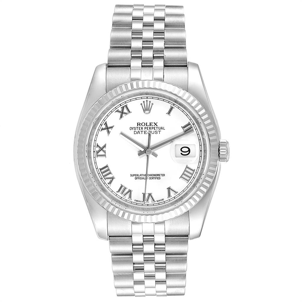 The image shows a front view of a Rolex Datejust 116234 Men's Stainless Steel White Dial 116234 Men's Stainless Steel White Dial watch, highlighting its white dial, Roman numerals, and Jubilee bracelet.