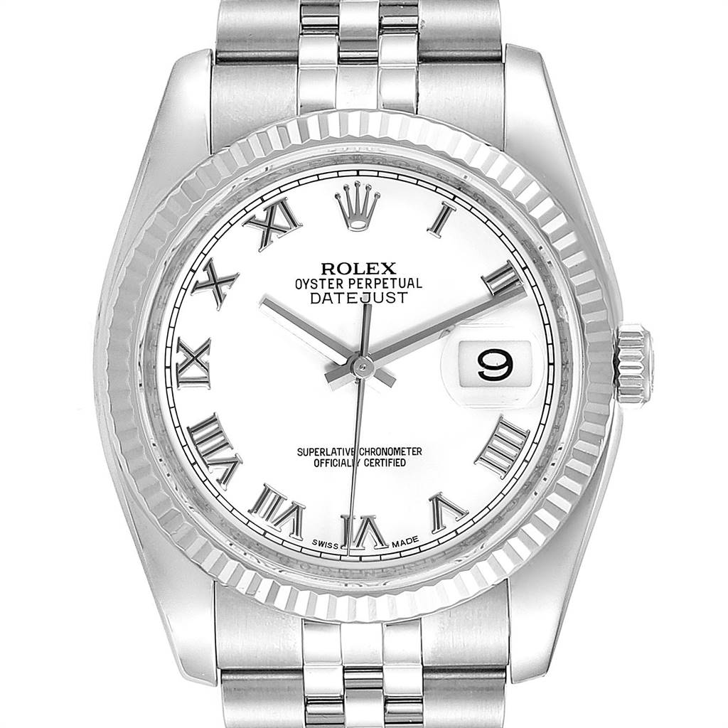 The image shows a frontal view of a Rolex Datejust 116234 Men's Stainless Steel White Dial 116234 Men's Stainless Steel White Dial watch, displaying the dial, bezel, and a portion of the bracelet.