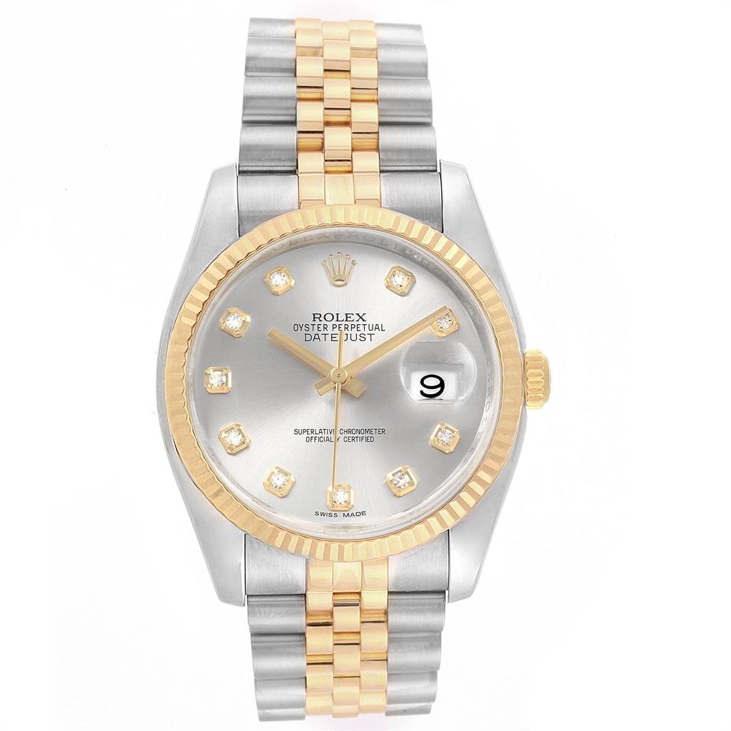 This image shows a Rolex Datejust 116233 Men's Steel and Gold (two tone) Silver Dial 116233 Men's Steel and Gold (two tone) Silver Dial watch viewed from the front, highlighting the dial, bezel, and bracelet.