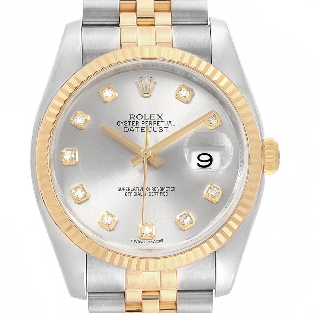 The image shows a front view of a Rolex Datejust 116233 Men's Steel and Gold (two tone) Silver Dial 116233 Men's Steel and Gold (two tone) Silver Dial watch, displaying the face, dial, bezel, crown, and part of the bracelet.