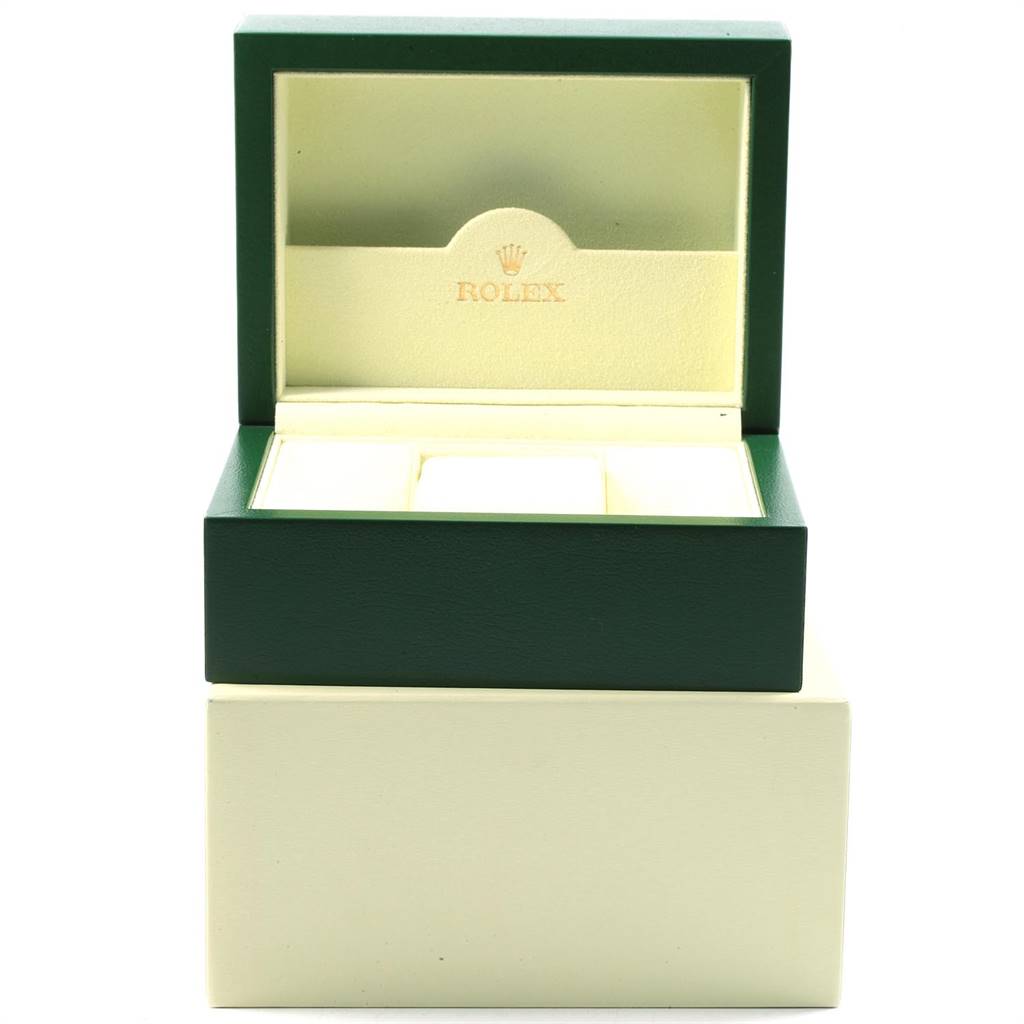 The image shows an open box for the Rolex Datejust 116233 Men's Steel and Gold (two tone) Silver Dial 116233 Men's Steel and Gold (two tone) Silver Dial watch, revealing the inner velvet lining and compartments.