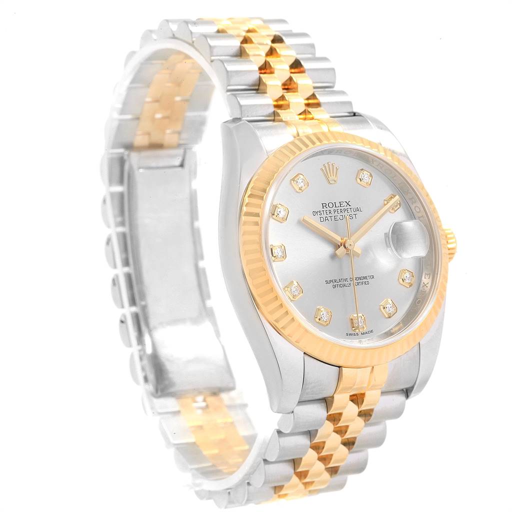 This image shows a side angle view of the Rolex Datejust 116233 Men's Steel and Gold (two tone) Silver Dial 116233 Men's Steel and Gold (two tone) Silver Dial watch, highlighting its two-tone bracelet and diamond-studded dial.