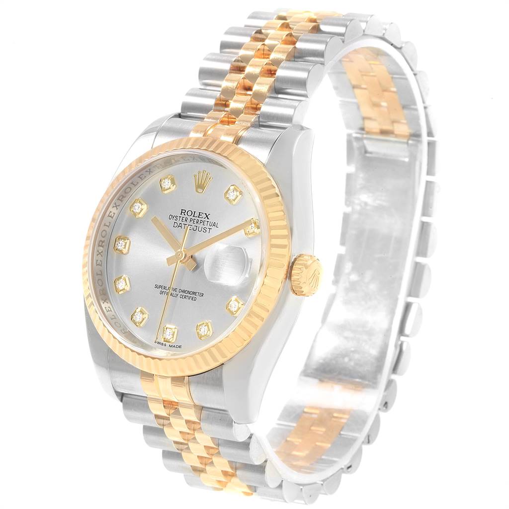 This image shows a Rolex Datejust 116233 Men's Steel and Gold (two tone) Silver Dial 116233 Men's Steel and Gold (two tone) Silver Dial watch from an angled view, highlighting the dial, bezel, and jubilee bracelet.