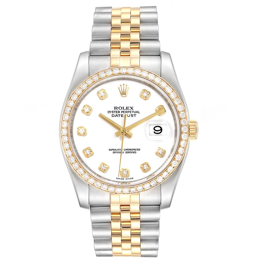 The image shows a frontal view of the Rolex Datejust 116243 Men's Steel and Gold (two tone) White Dial 116243 Men's Steel and Gold (two tone) White Dial watch, highlighting a two-tone bracelet, diamond markers, and date window.