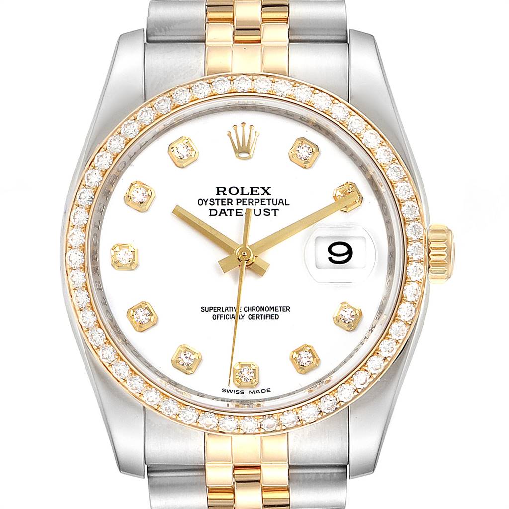 This image depicts the front view of a Rolex Datejust 116243 Men's Steel and Gold (two tone) White Dial 116243 Men's Steel and Gold (two tone) White Dial watch, showing the dial, bezel, and a portion of the bracelet.