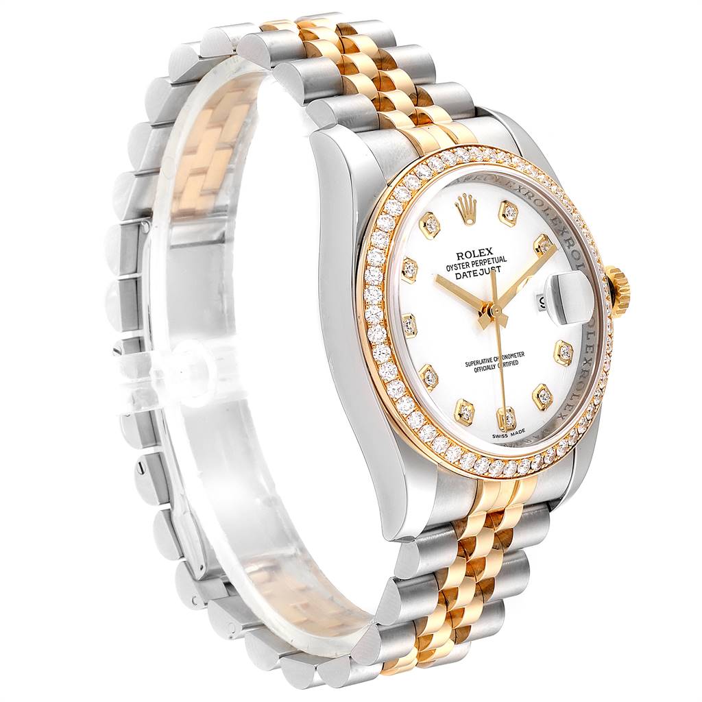 This image shows a Rolex Datejust 116243 Men's Steel and Gold (two tone) White Dial 116243 Men's Steel and Gold (two tone) White Dial watch at an angled side view, highlighting the dial, bracelet, and diamond-studded bezel.