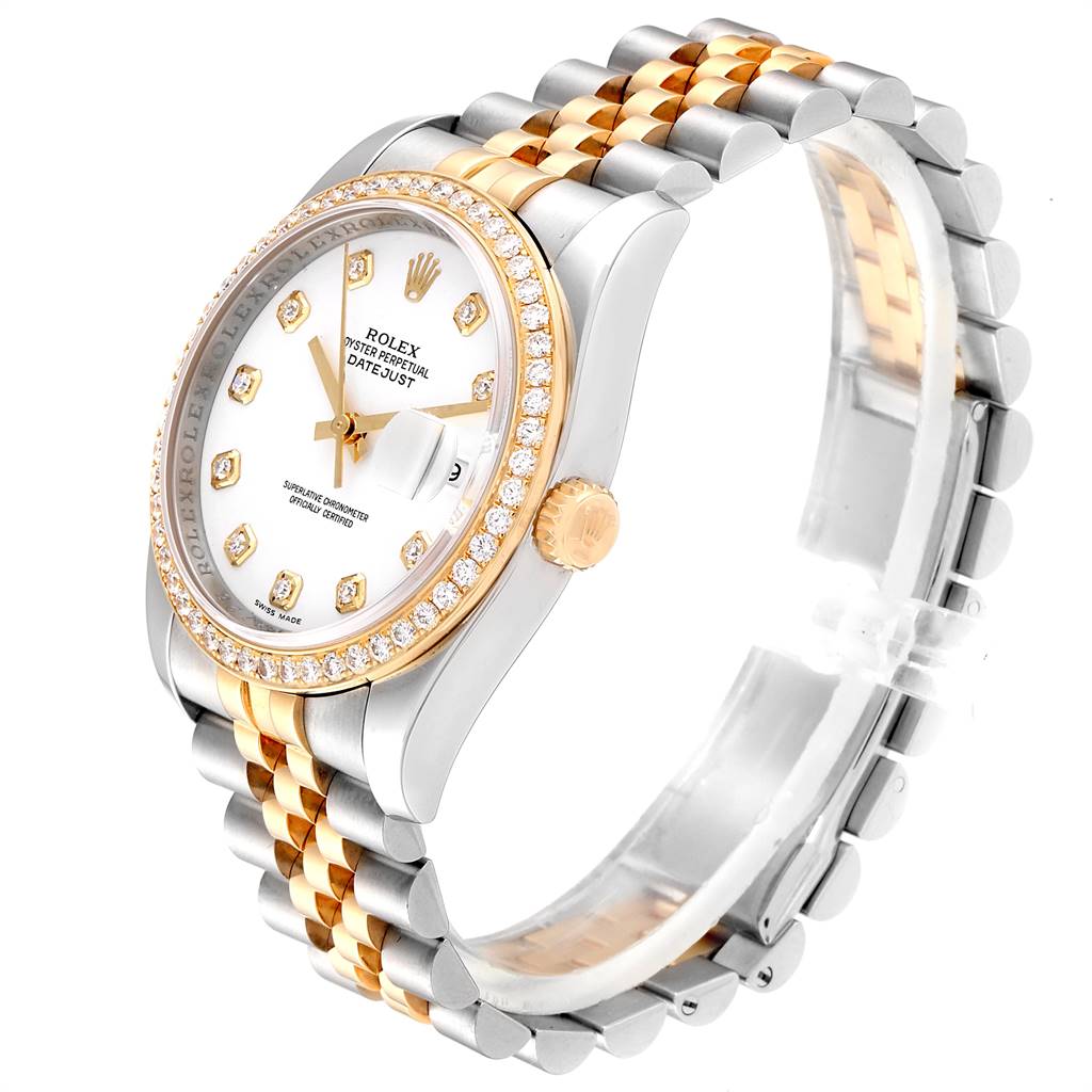 The Rolex Datejust 116243 Men's Steel and Gold (two tone) White Dial 116243 Men's Steel and Gold (two tone) White Dial watch is shown at a three-quarter angle, featuring its bezel, dial, crown, and two-tone bracelet.
