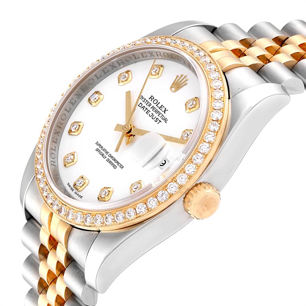 This image shows the face, bezel, crown, and part of the bracelet of a Rolex Datejust 116243 Men's Steel and Gold (two tone) White Dial 116243 Men's Steel and Gold (two tone) White Dial model watch from an angled perspective.