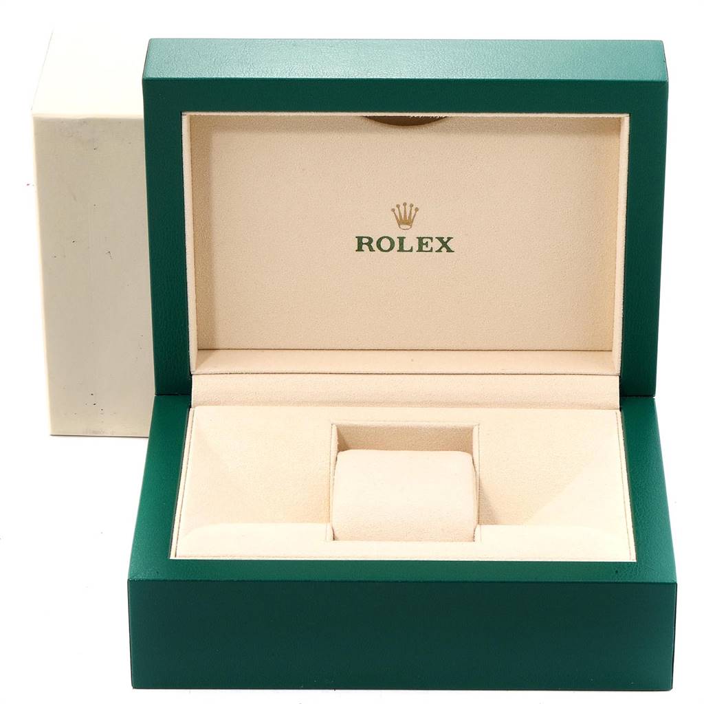 The image shows an open green and beige watch box for a Rolex Datejust 126233 Men
s Steel and Gold (two tone) White Dial 126233 Men
s Steel and Gold (two tone) White Dial model, without the watch inside.