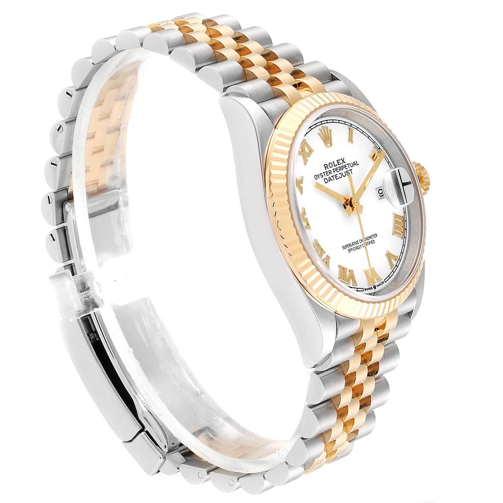 This Rolex Datejust 126233 Men
s Steel and Gold (two tone) White Dial 126233 Men
s Steel and Gold (two tone) White Dial watch is shown at a side angle highlighting the jubilee bracelet, bezel, dial, and date window.