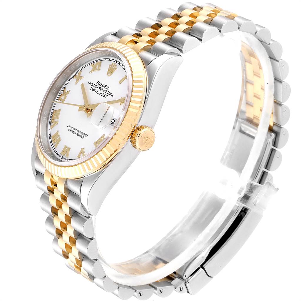 The image shows a Rolex Datejust 126233 Men
s Steel and Gold (two tone) White Dial 126233 Men
s Steel and Gold (two tone) White Dial watch at a three-quarter angle, highlighting its face, bezel, crown, and two-tone bracelet.