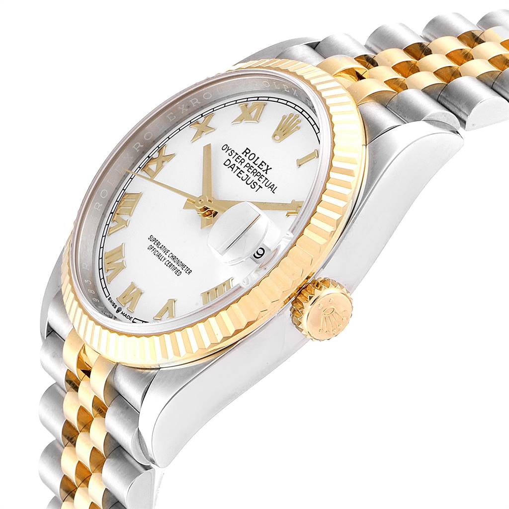 The image shows a side angle of a Rolex Datejust 126233 Men
s Steel and Gold (two tone) White Dial 126233 Men
s Steel and Gold (two tone) White Dial watch, highlighting its gold fluted bezel, crown, bracelet, and white dial with Roman numerals.