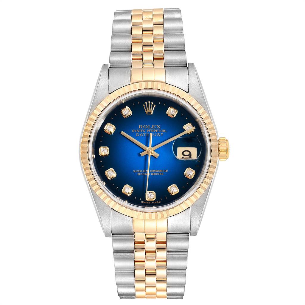 This image shows a front view of a Rolex Datejust 16233 Men's Steel and Gold (two tone) Blue Dial 16233 Men's Steel and Gold (two tone) Blue Dial watch with a blue dial, diamond hour markers, and a two-tone bracelet.