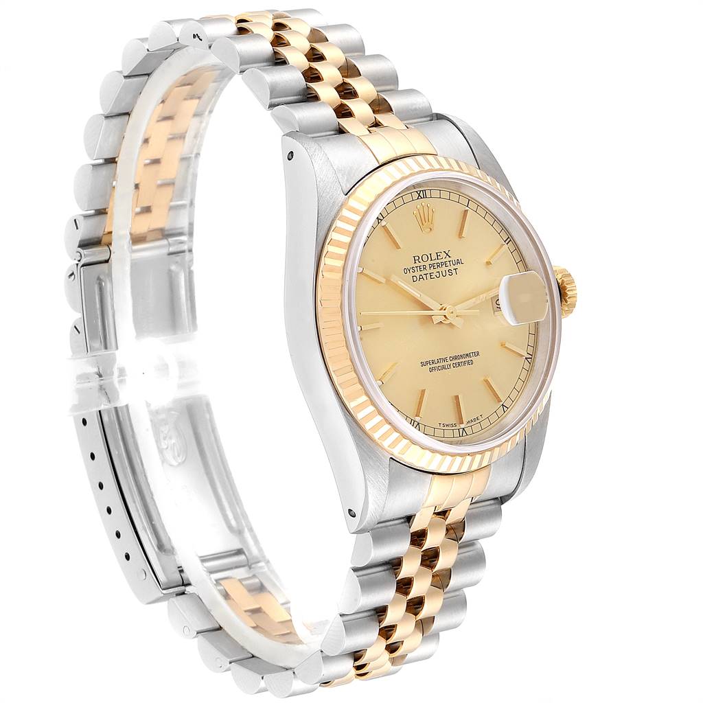 This Rolex Datejust 16233 Men's Steel and Gold (two tone) Champagne Dial 16233 Men's Steel and Gold (two tone) Champagne Dial watch is shown at a 3/4 angle, displaying the case, dial, fluted bezel, and two-tone Jubilee bracelet.